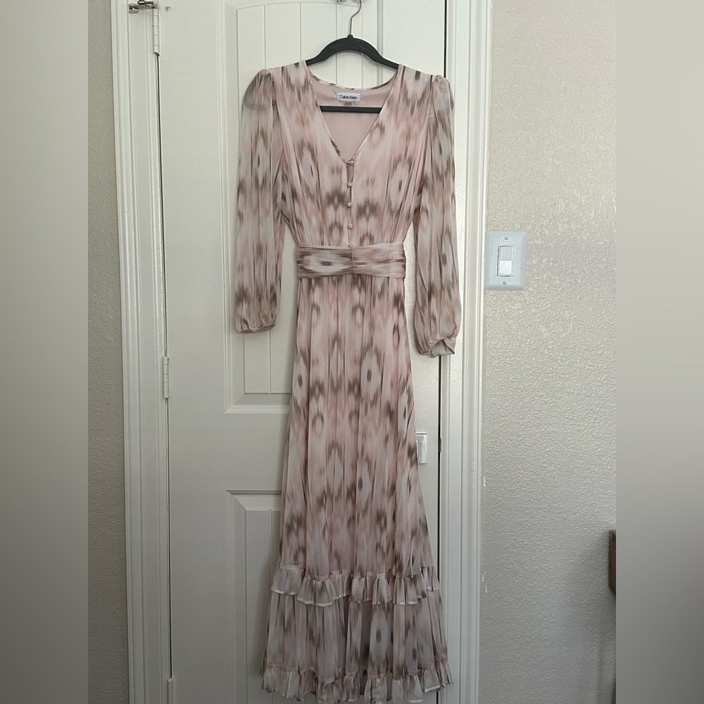 Calvin Klein Light Pink Maxi Chiffon Dress Long Sleeve Size 6
